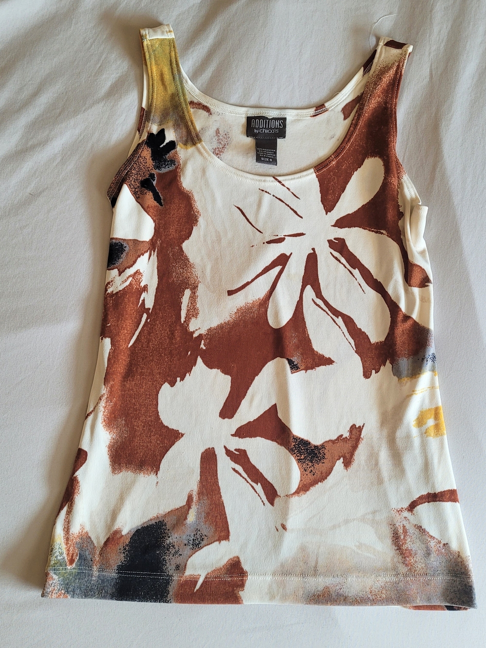 Chico's Cream and Brown Floral Tank with Yellow Accents